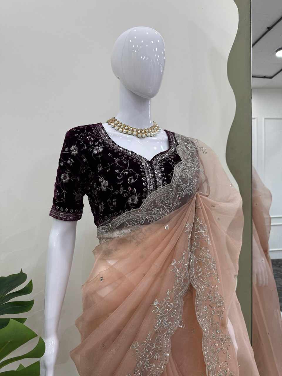 KD 588 Heavy Organza Silk Saree with Velvet Blouse – Thread & Sequin Work