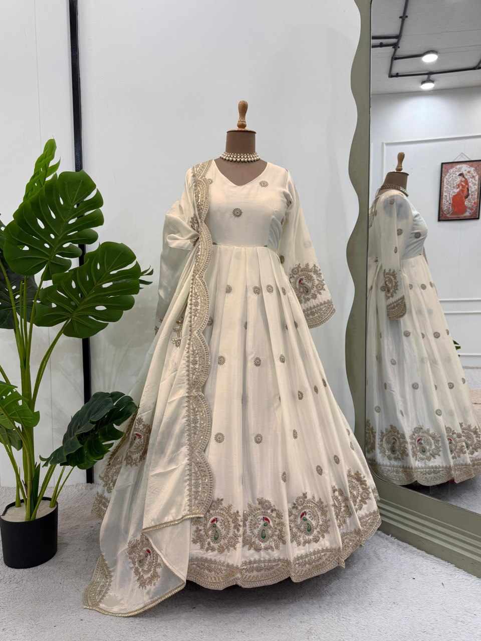 KD 1501 White Chinon Silk Designer Gown with Dupatta – Coding & Sequin Work