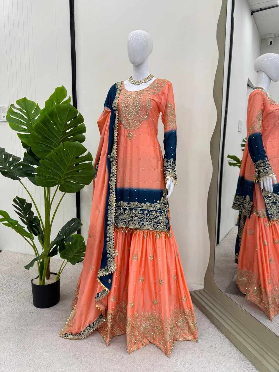 KD 1498 Heavy Chinon Designer Suit – Mustard, Blue & Orange Elegance