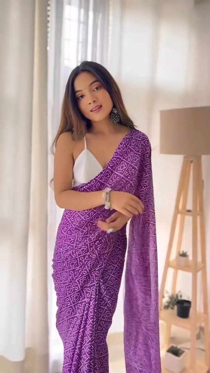 KPW 333 Georgette Bandhani Ready-to-Wear Saree – Wine & Blue