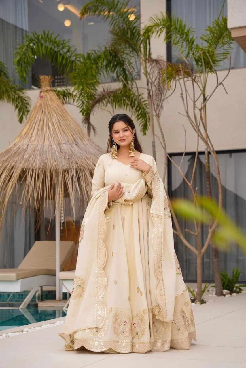 KD 1501 White Chinon Silk Designer Gown with Dupatta – Coding & Sequin Work