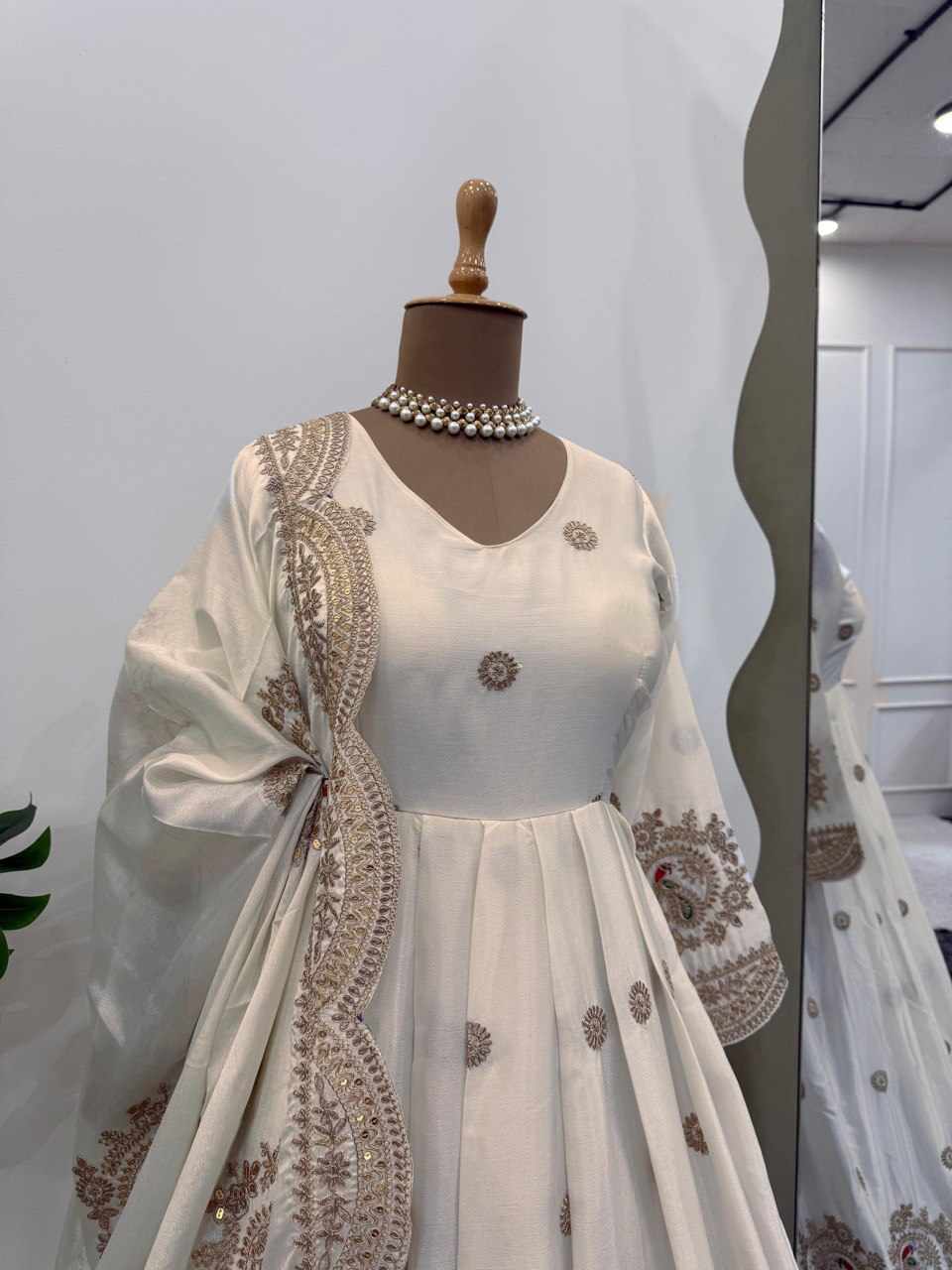 KD 1501 White Chinon Silk Designer Gown with Dupatta – Coding & Sequin Work