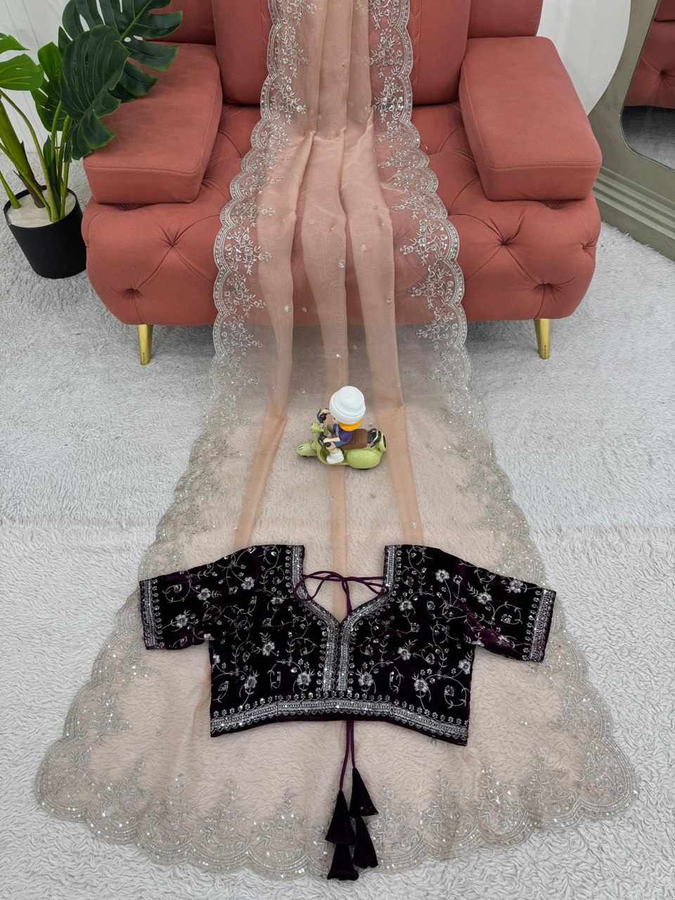 KD 588 Heavy Organza Silk Saree with Velvet Blouse – Thread & Sequin Work