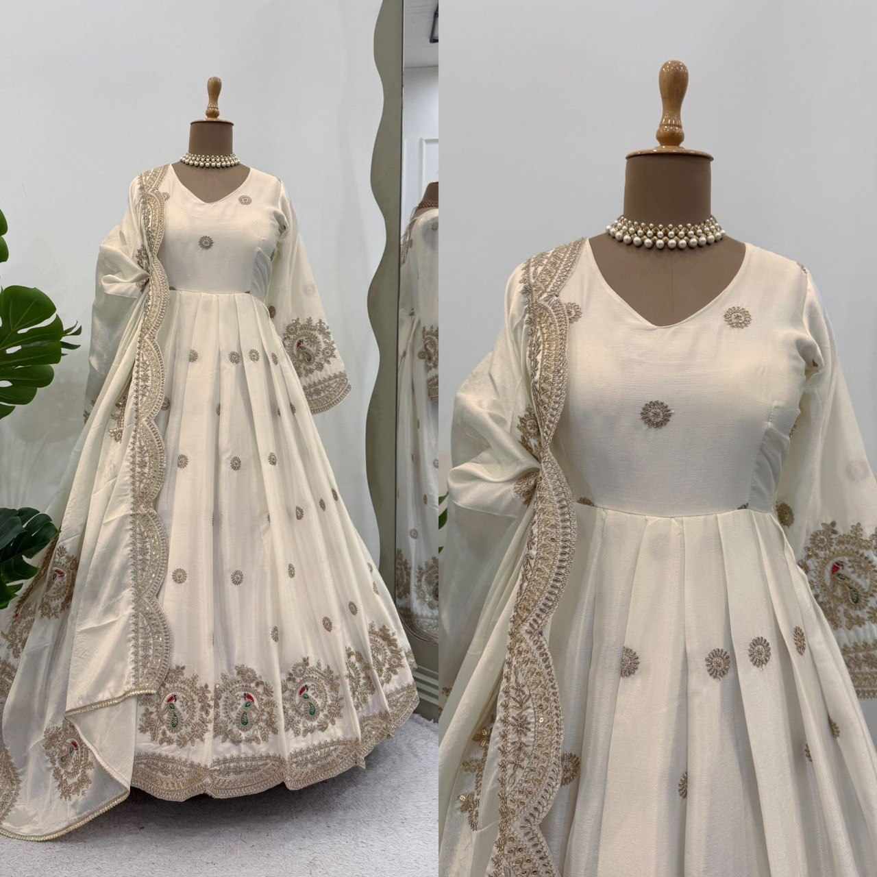 KD 1501 White Chinon Silk Designer Gown with Dupatta – Coding & Sequin Work