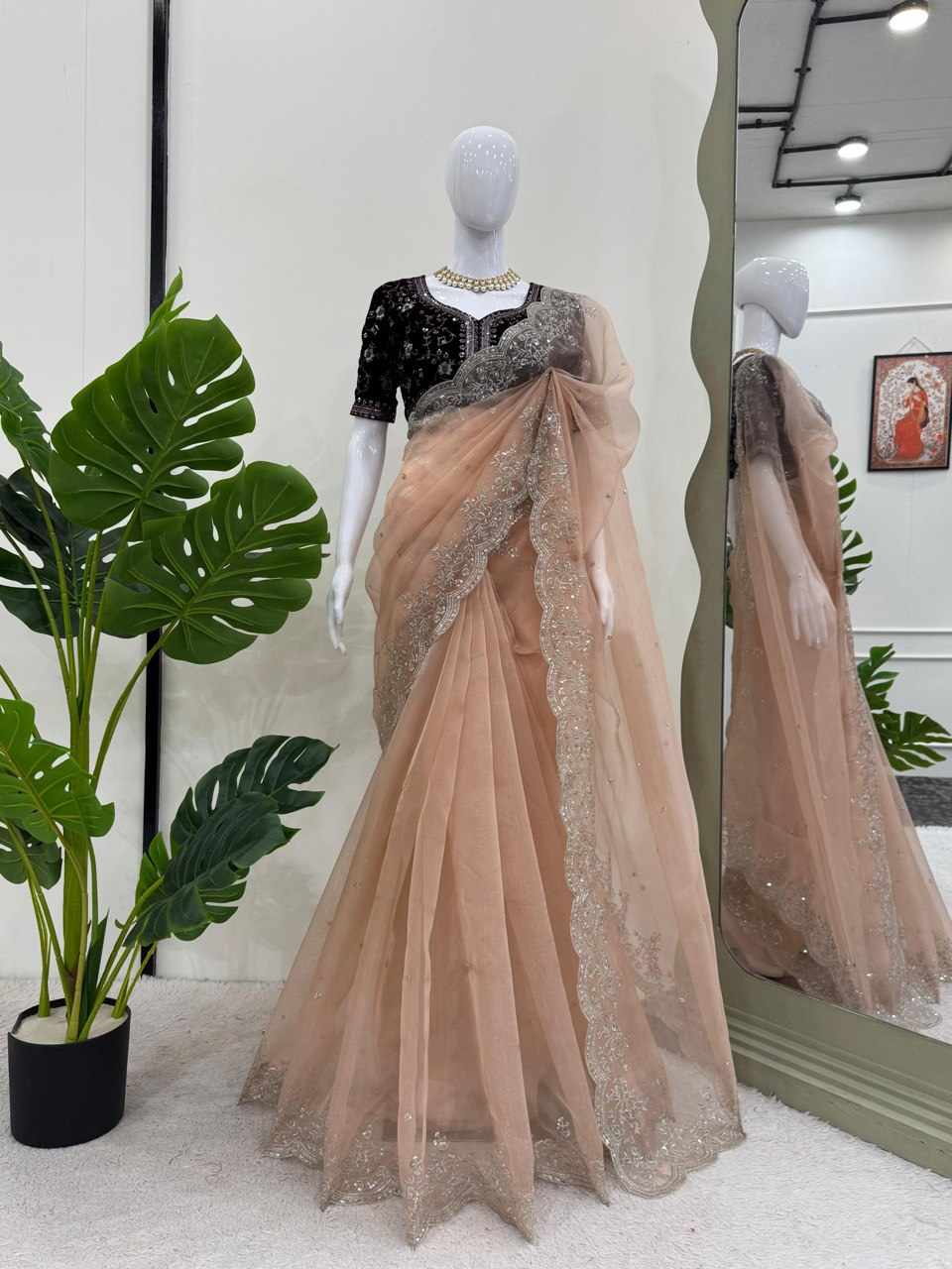 KD 588 Heavy Organza Silk Saree with Velvet Blouse – Thread & Sequin Work